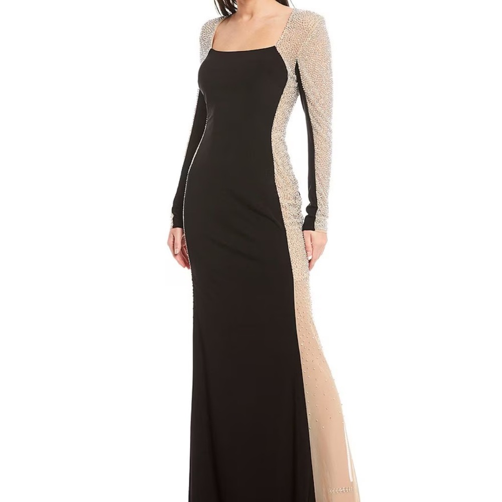 Black and cream long sleeve maxi dress with mesh sleeves